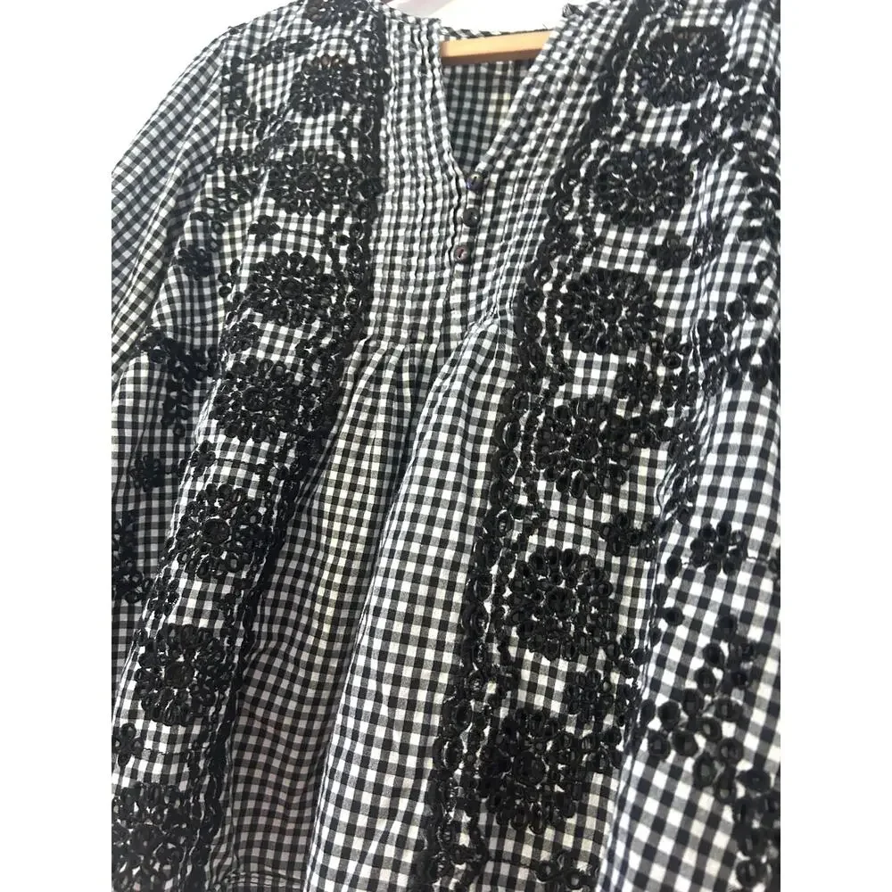 J.Crew Black & White Plaid Floral Detail Blouse M